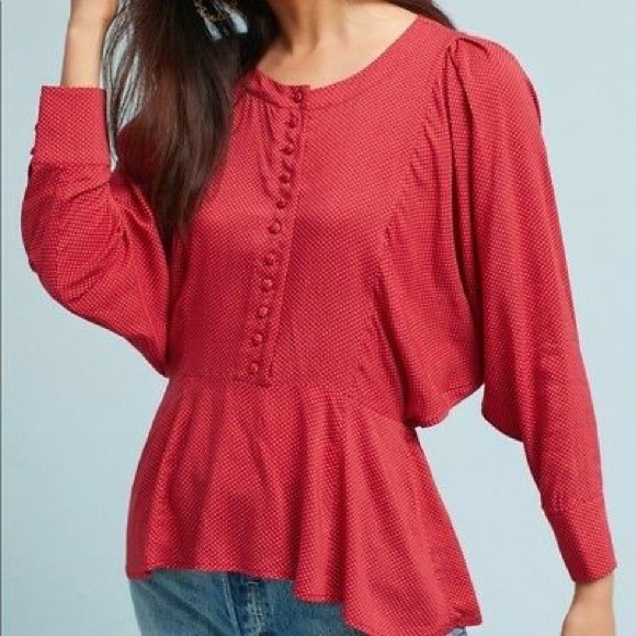 Anthropologie Tops - Anthropologie red and white polka dot boho top